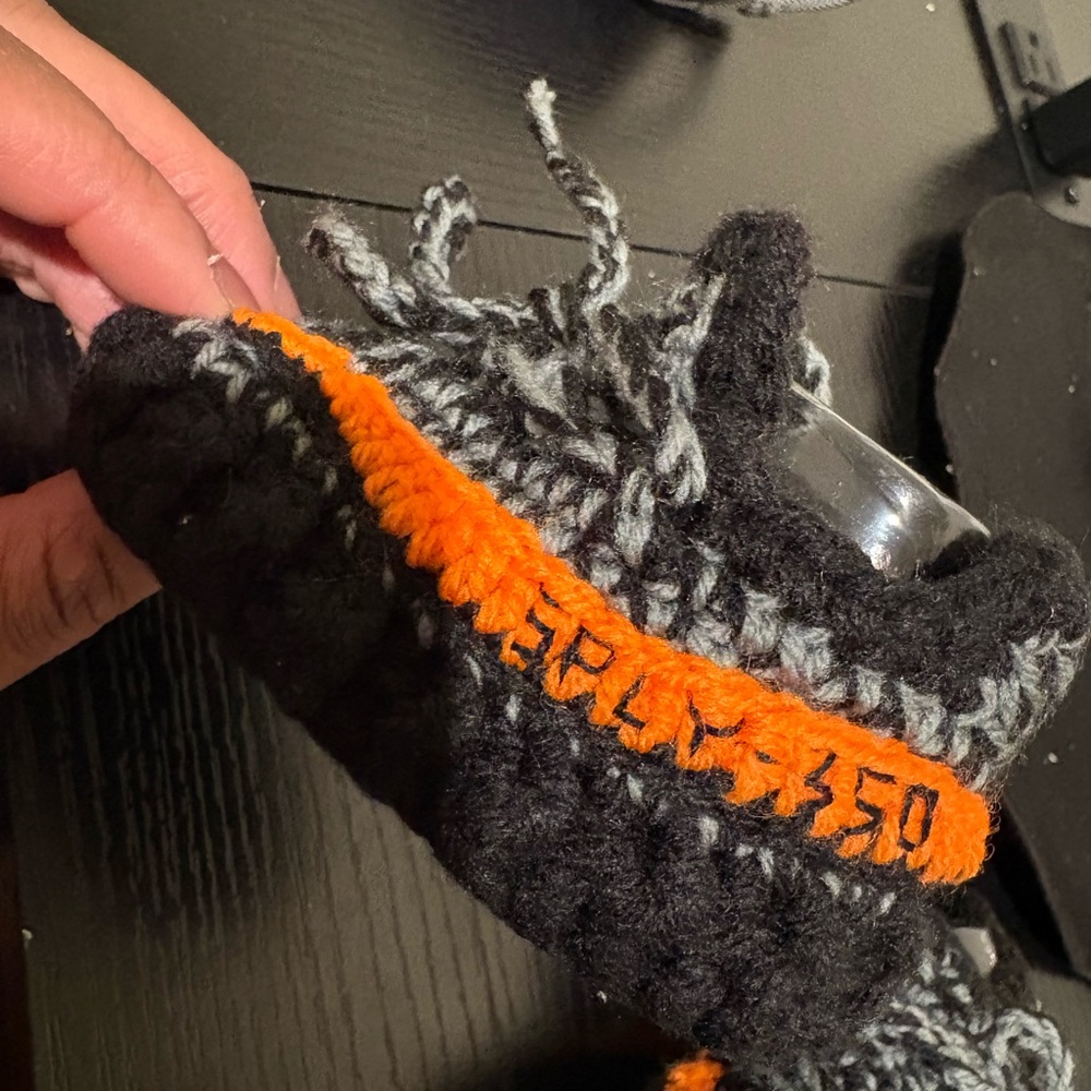 Handmade Knit Sneakers with Orange Stripe